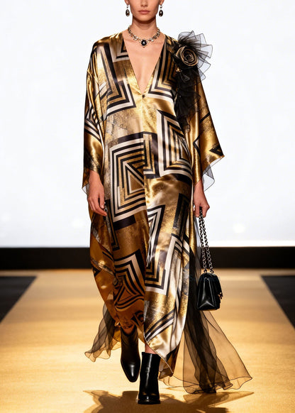 Loose V Neck Print Patchwork Silk Long Dress Spring
