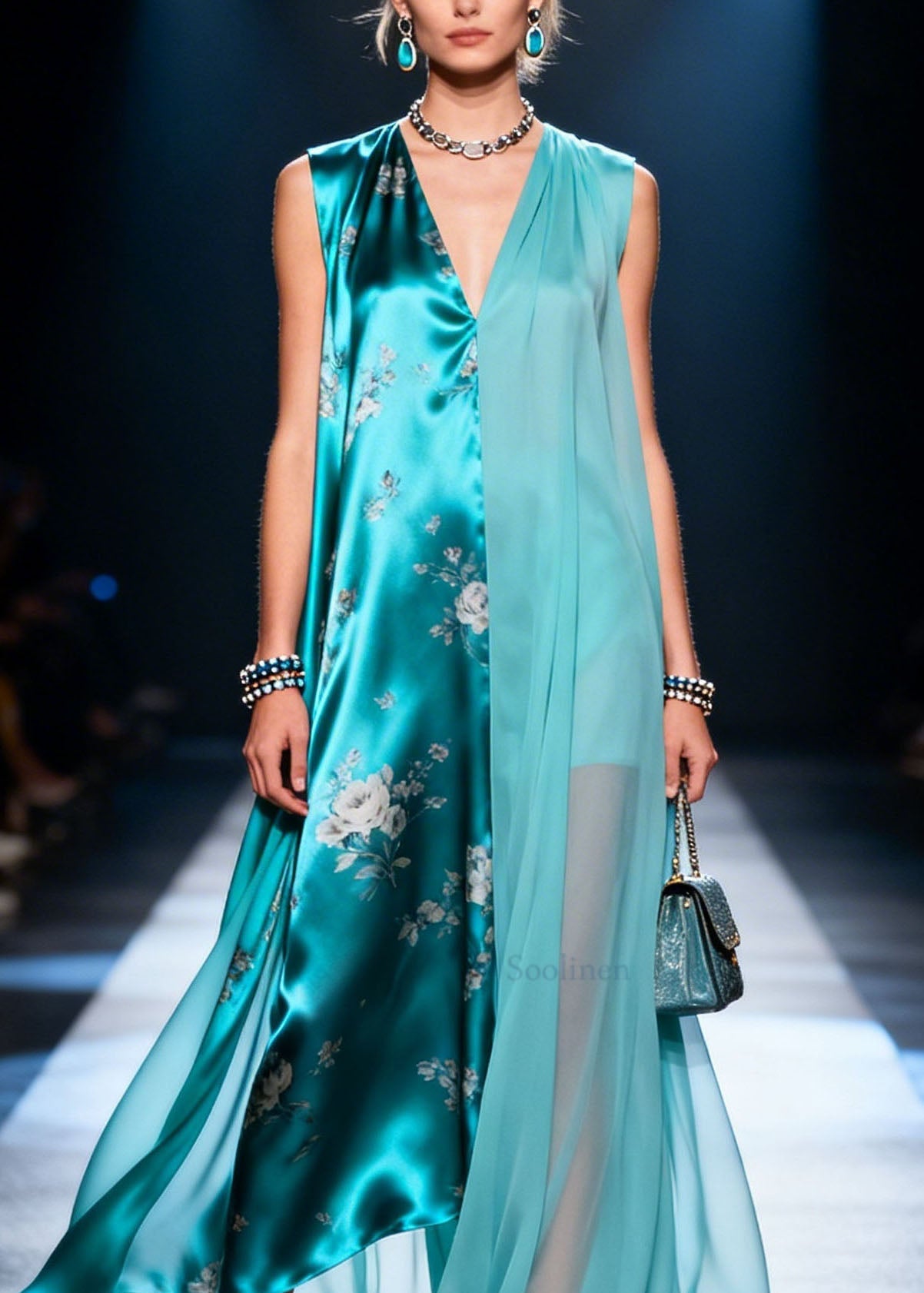 Loose V Neck Print Patchwork Chiffon Dress Summer
