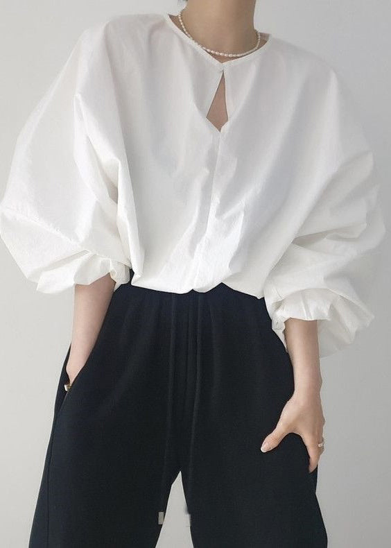 Loose White Button Hollow Out Cotton Shirts Fall
