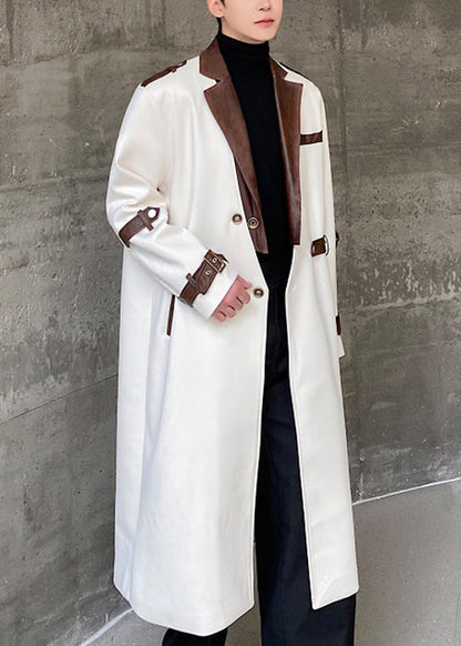 Loose White Button Pockets Patchwork Woolen Trench Coat Winter