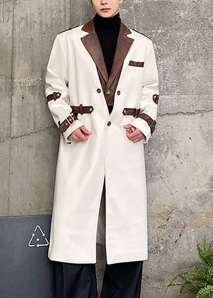 Loose White Button Pockets Patchwork Woolen Trench Coat Winter