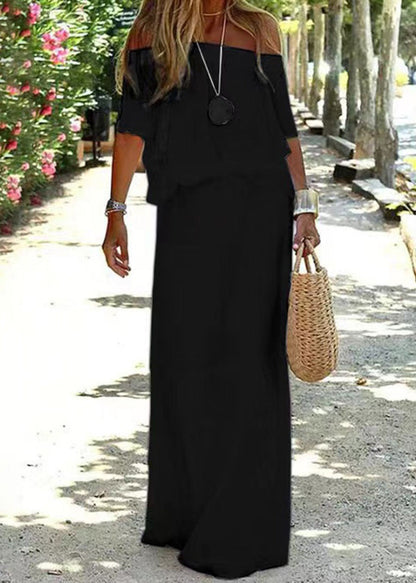 Loose White Elastic Waist Cotton Maxi Dresses Slash Neck Summer