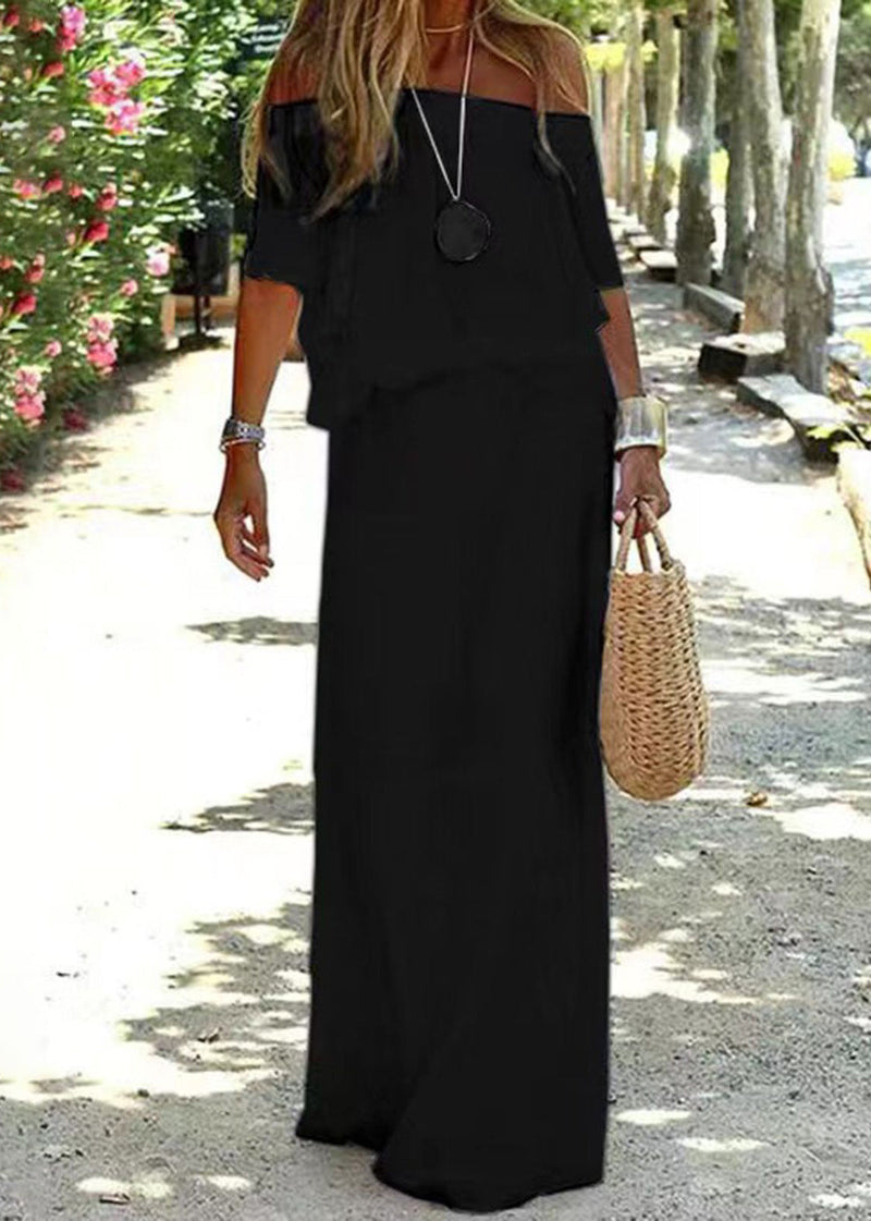 Loose White Elastic Waist Cotton Maxi Dresses Slash Neck Summer