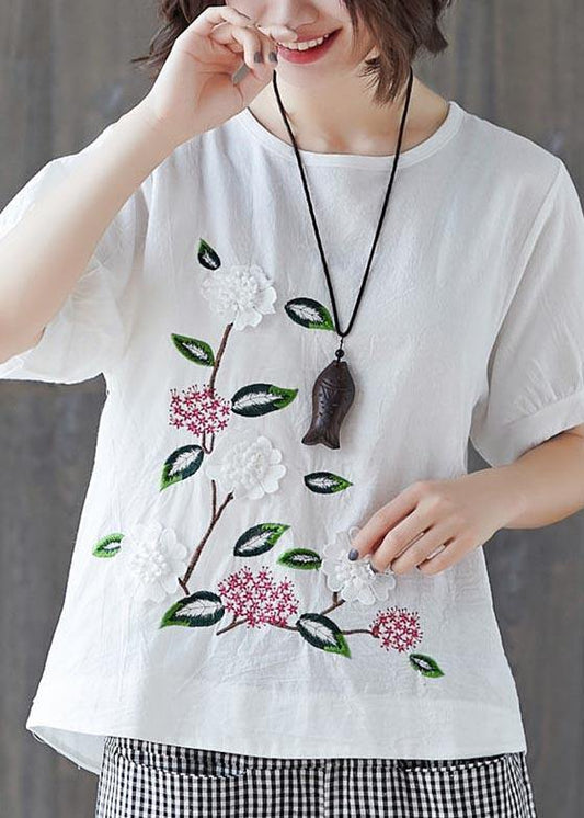 Loose White Embroideried Cotton Linen Tees Summer