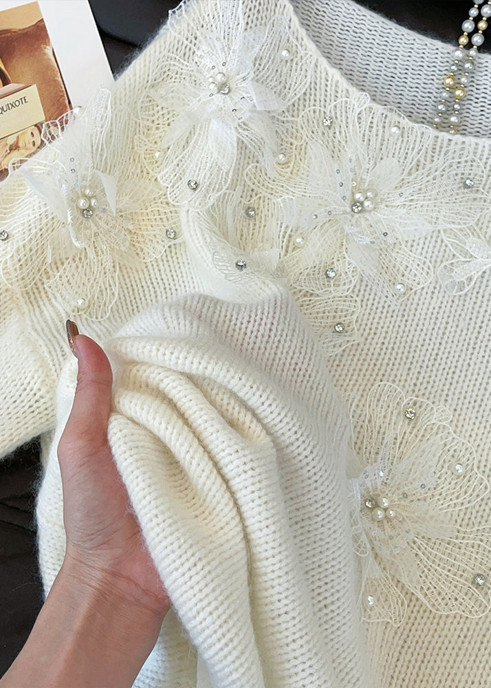 Loose White Nail Bead Knit Sweaters Fall