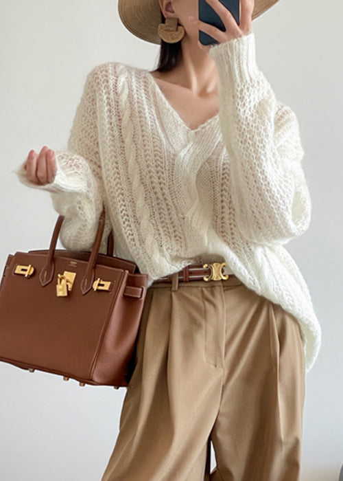 Loose White Hollow Out Knit Sweater Winter