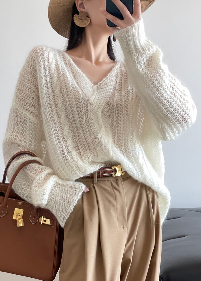 Loose White Hollow Out Knit Sweater Winter