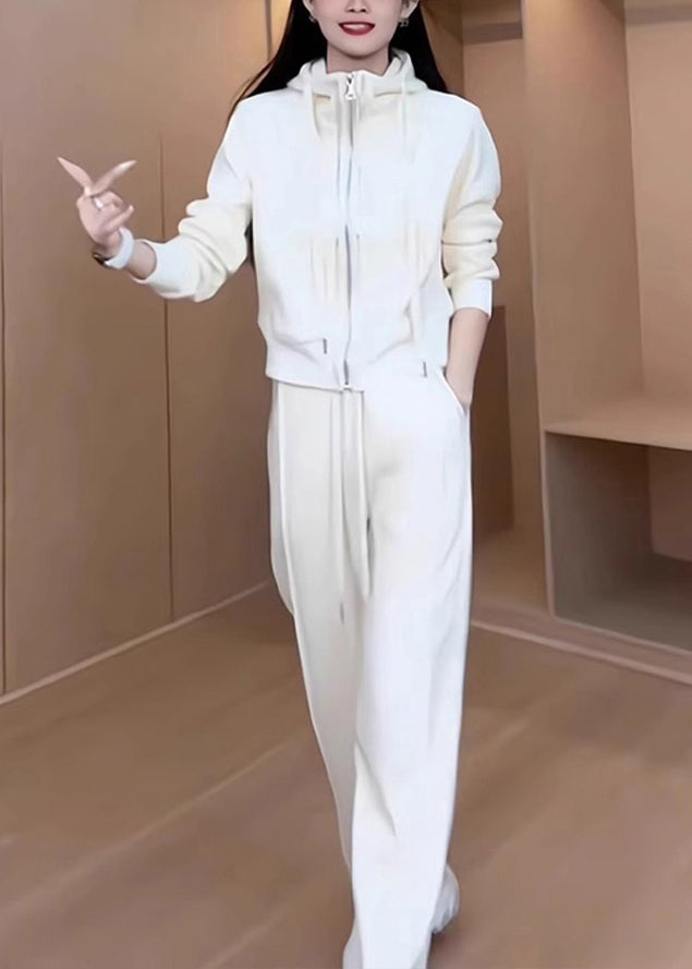 Loose White Hooded Zippered Coat and Pants Cotton Two Pieces Set Spring
