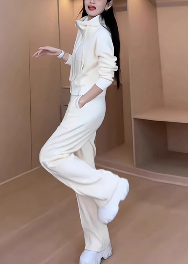 Loose White Hooded Zippered Coat and Pants Cotton Two Pieces Set Spring