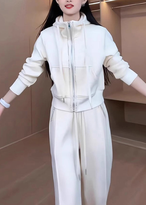 Loose White Hooded Zippered Coat and Pants Cotton Two Pieces Set Spring
