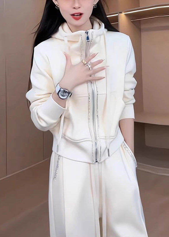 Loose White Hooded Zippered Coat and Pants Cotton Two Pieces Set Spring