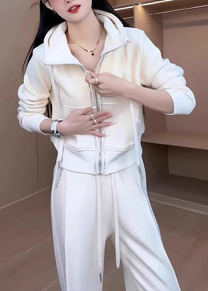 Loose White Hooded Zippered Coat and Pants Cotton Two Pieces Set Spring