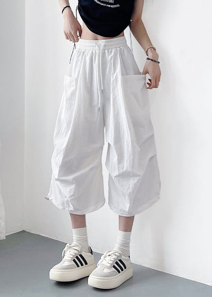 Loose White Lace Up Pockets Cotton Crop Pants