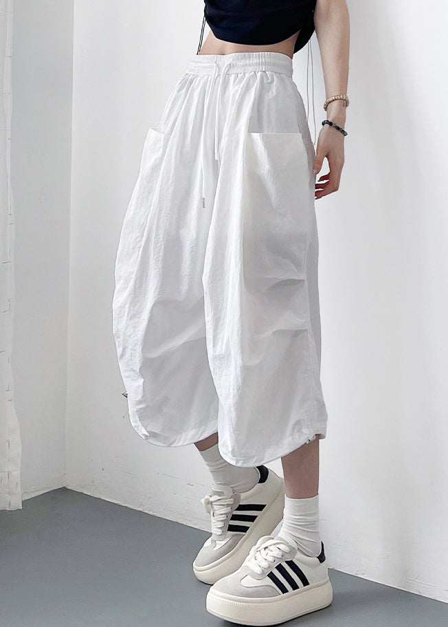 Loose White Lace Up Pockets Cotton Crop Pants