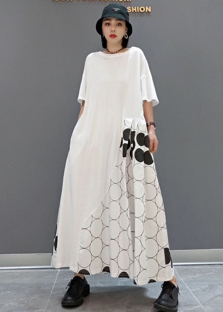 Loose White O-neck Asymmetrical Patchwork Wrinkled Dot Cotton Vacation Dresses Short Sleeve