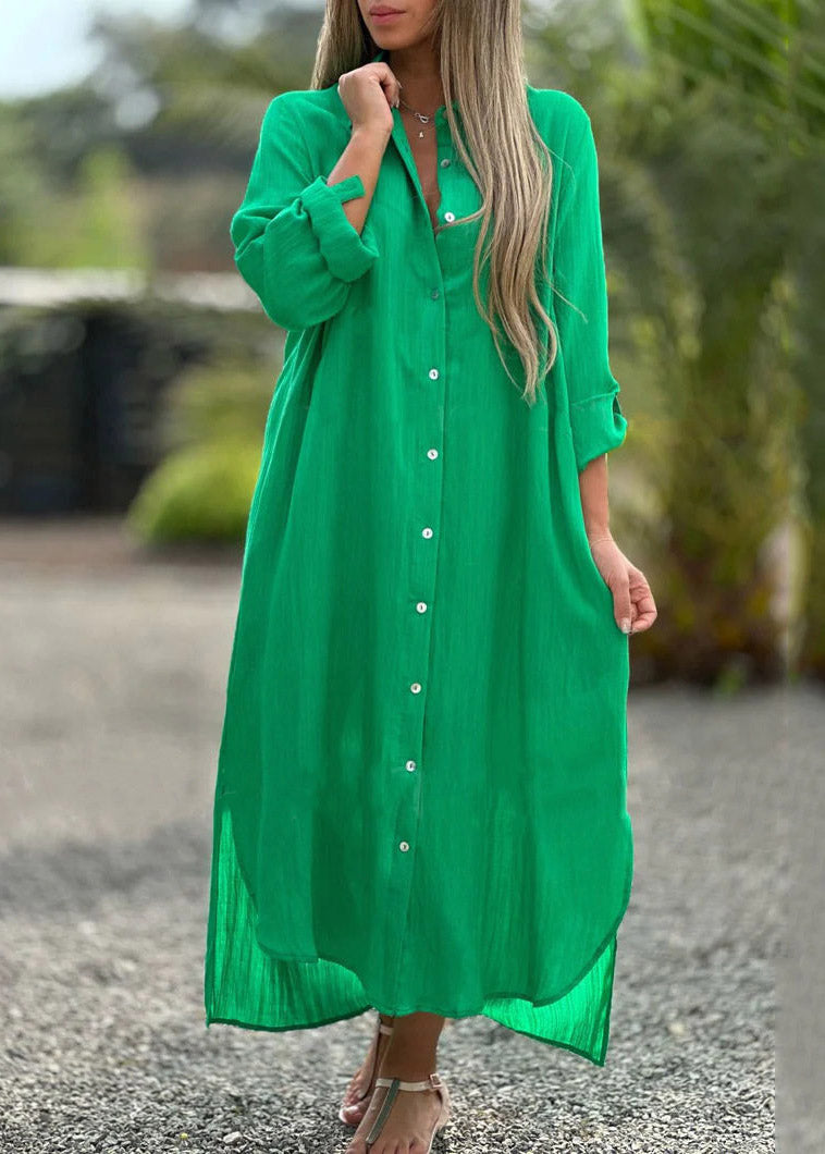 Loose White O-neck Button Side Open Vacation Long Dresses Fall