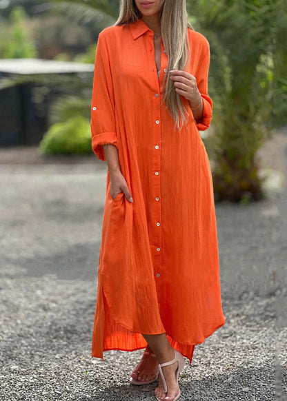 Loose White O-neck Button Side Open Vacation Long Dresses Fall