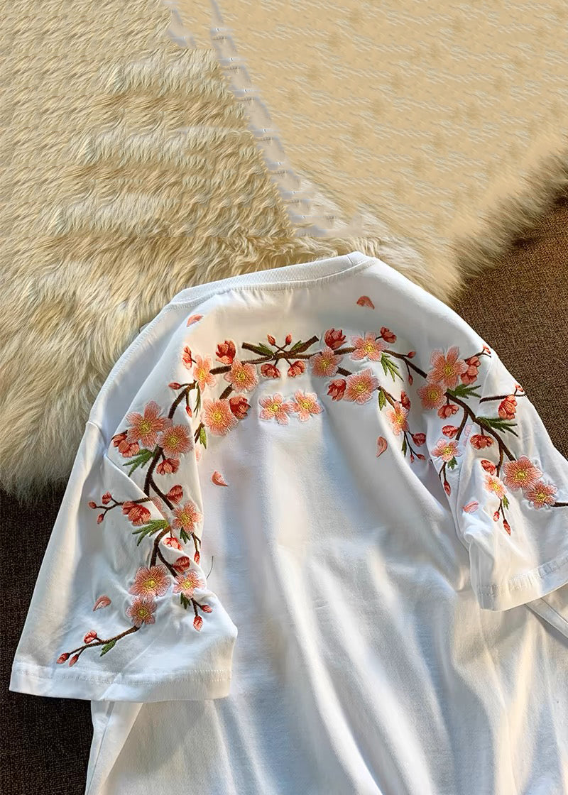 Loose White O-neck Embroidered Cotton T Shirts Summer