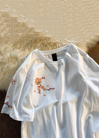 Loose White O-neck Embroidered Cotton T Shirts Summer