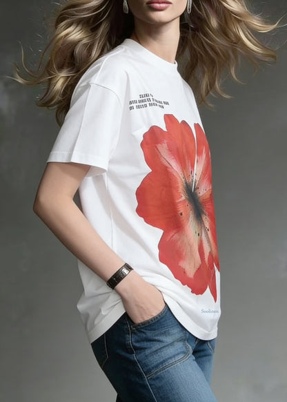 Loose White O-neck Print Letter Cotton T Shirts Summer