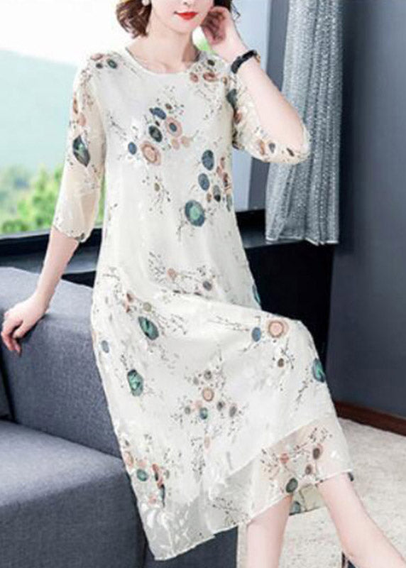 Loose White O-neck Print Silk Holiday Dress Half Sleeve