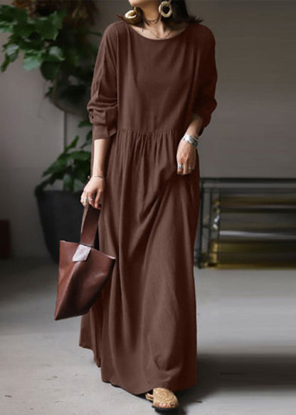 Loose White O Neck Cotton Maxi Dress Long Sleeve