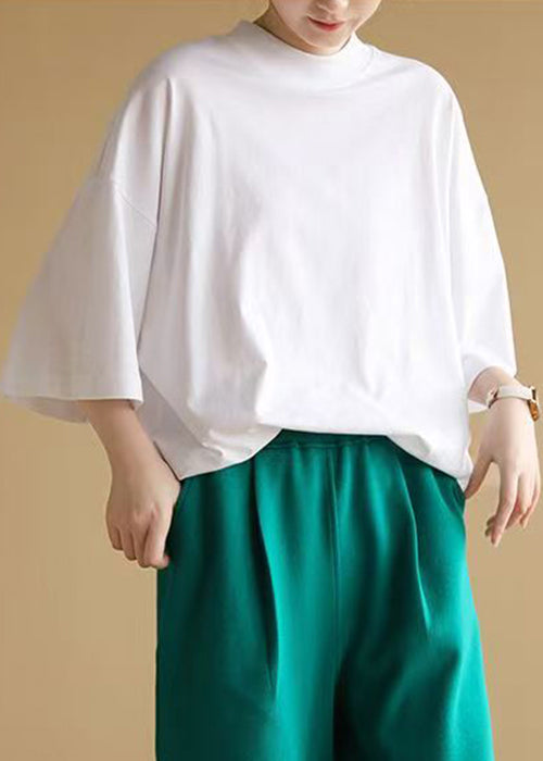 Loose White O Neck Cotton T Shirts Half Sleeve