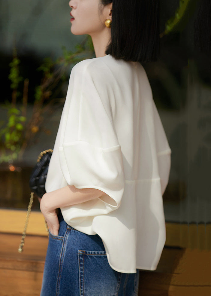 Loose White O Neck Zippered Silk T Shirts Batwing Sleeve