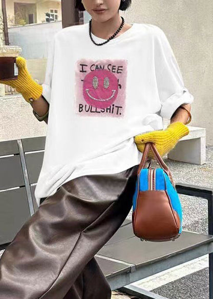 Loose White O Neck Zircon Cotton T Shirt Summer