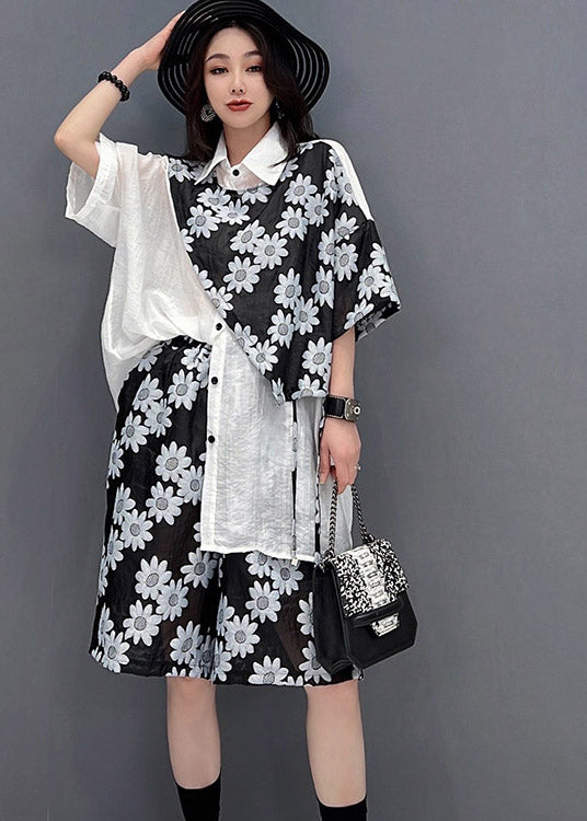 Loose White Patchwork Black Peter Pan Collar Print Shirts and Shorts Two Pieces Set Summer