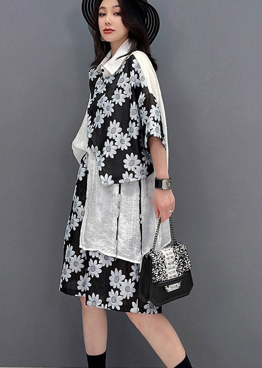 Loose White Patchwork Black Peter Pan Collar Print Shirts and Shorts Two Pieces Set Summer