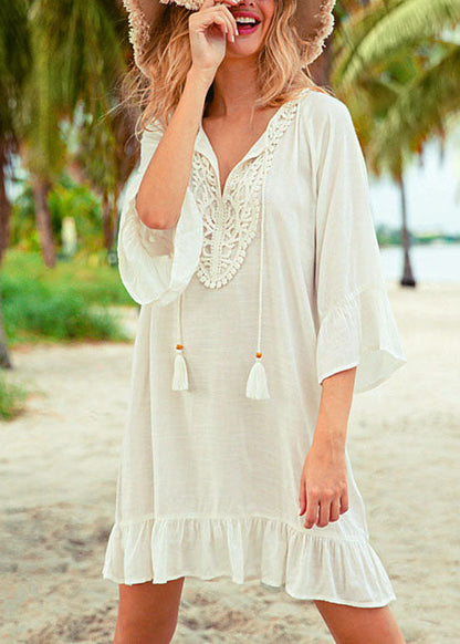 Loose White Patchwork Hollow Out Flare Sleeve Mini Dress Summer Cotton Dress