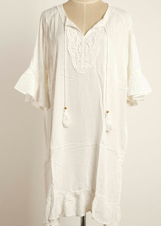 Loose White Patchwork Hollow Out Flare Sleeve Mini Dress Summer Cotton Dress