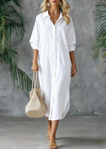 Loose White Peter Pan Collar Button Side Open Linen Shirts Dresses Spring