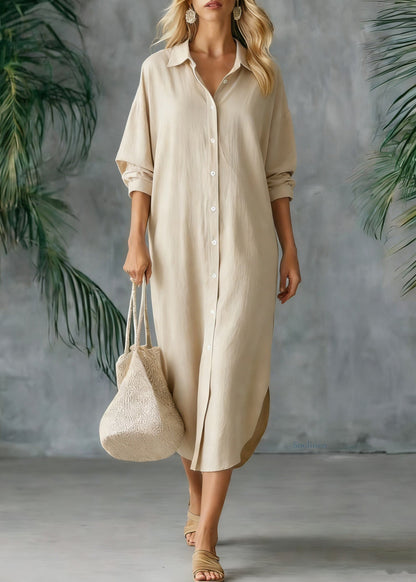 Loose White Peter Pan Collar Button Side Open Linen Shirts Dresses Spring