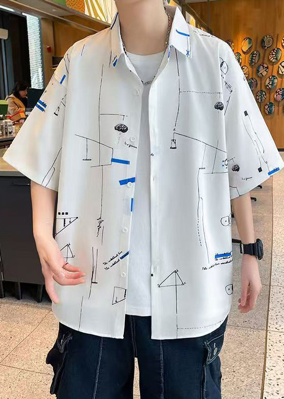 Loose White Peter Pan Collar Print Ice Silk Shirts Summer