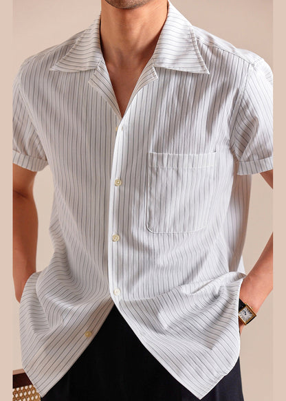 Loose White Peter Pan Collar Striped Cotton Shirts Summer