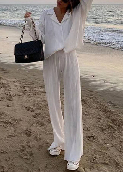Loose White Peter Pan Collar Wrinkled Shirt and Wide Leg Pants Two Pieces Set Spring