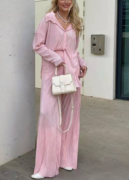 Loose White Peter Pan Collar Wrinkled Shirt and Wide Leg Pants Two Pieces Set Spring