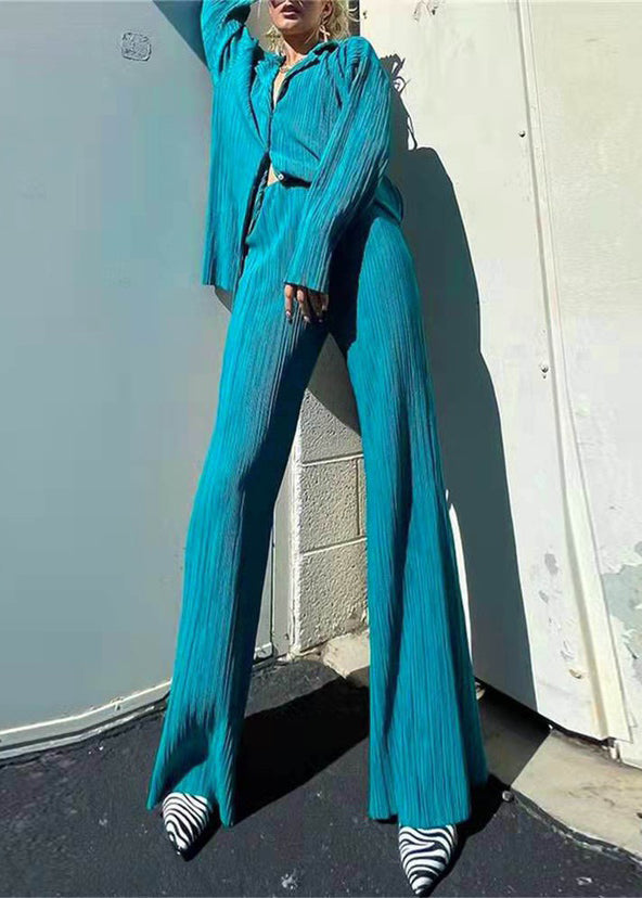 Loose White Peter Pan Collar Wrinkled Shirt and Wide Leg Pants Two Pieces Set Spring