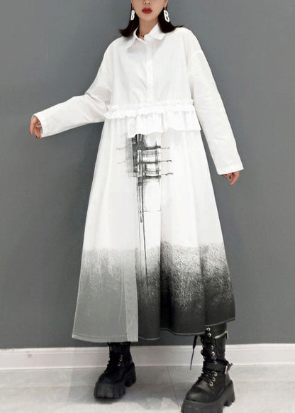 Loose White Peter Pan Collar Print Shirt Dresses Spring