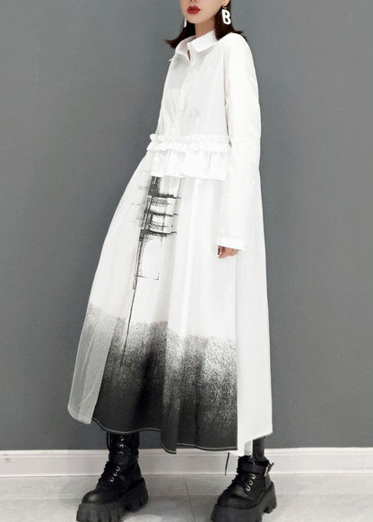 Loose White Peter Pan Collar Print Shirt Dresses Spring