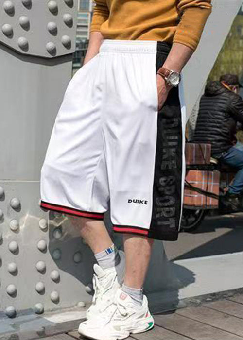 Loose White Pockets Elastic Waist Patchwork Basketball Shorts Summer