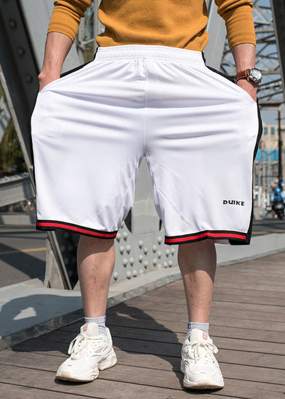 Loose White Pockets Elastic Waist Patchwork Basketball Shorts Summer