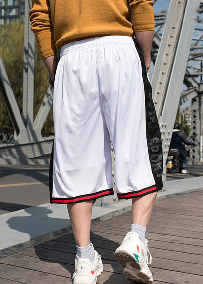 Loose White Pockets Elastic Waist Patchwork Basketball Shorts Summer