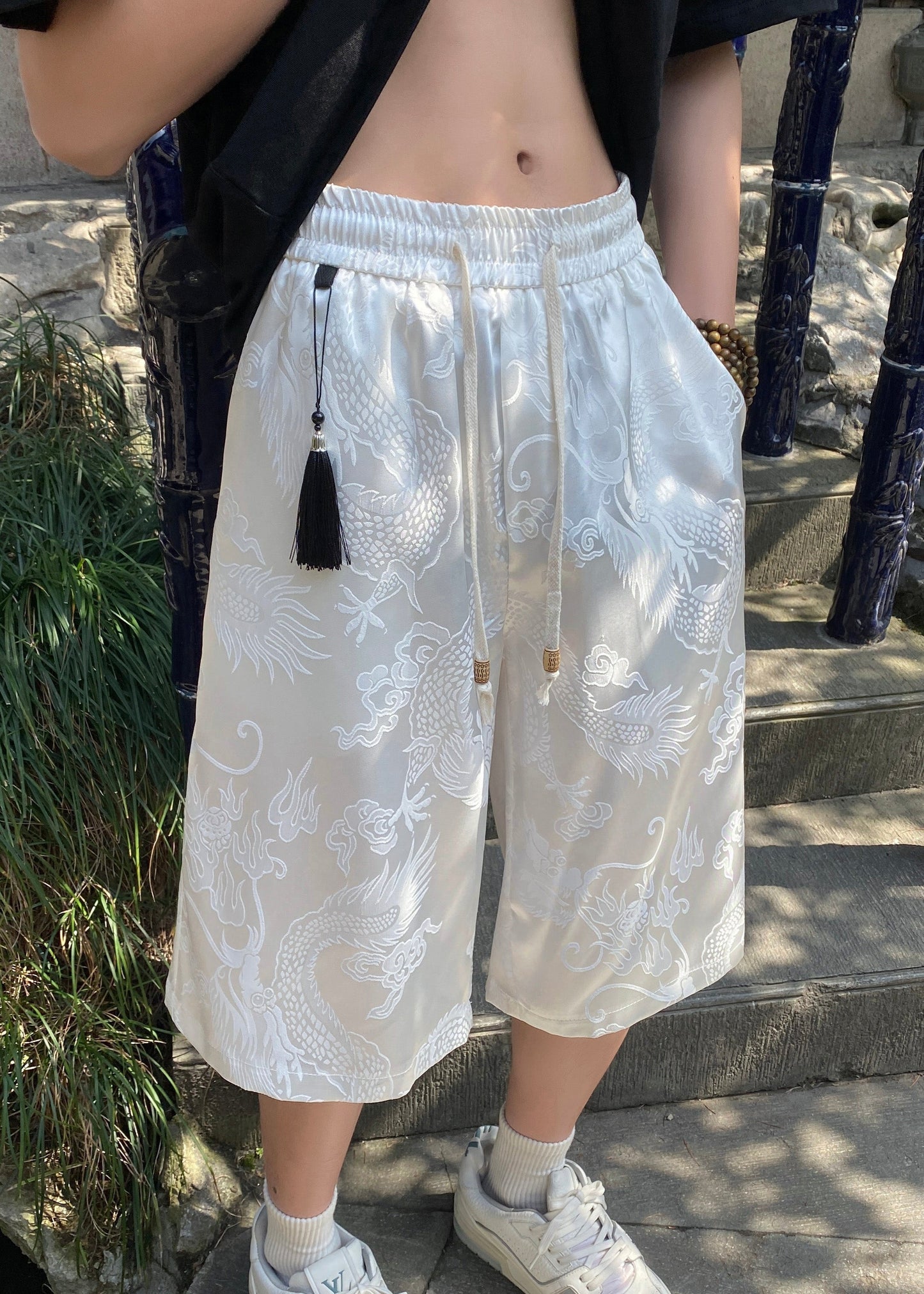Loose White Pockets Lace Up Ice Silk Shorts Summer