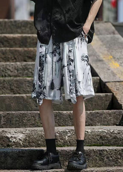 Loose White Pockets Print Ice Silk Shorts Summer