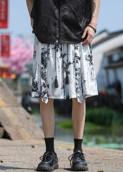 Loose White Pockets Print Ice Silk Shorts Summer