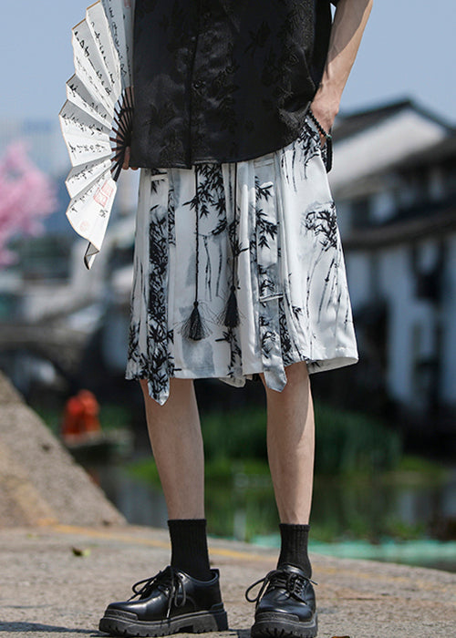 Loose White Pockets Print Ice Silk Shorts Summer