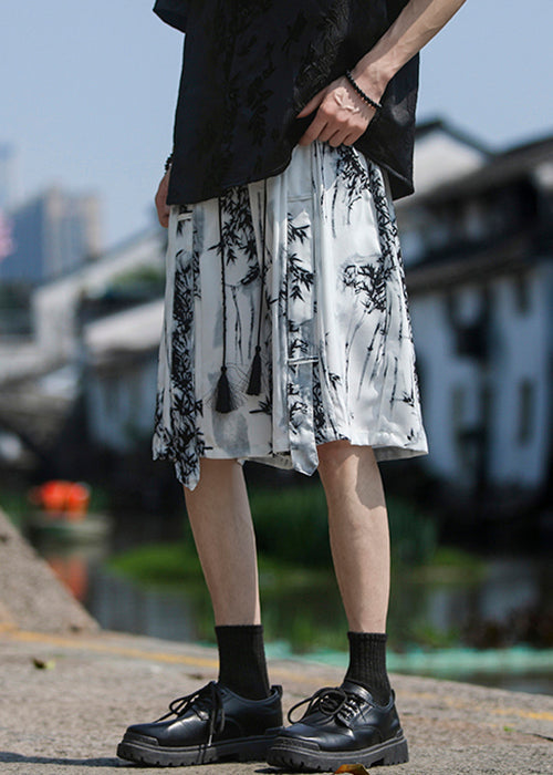 Loose White Pockets Print Ice Silk Shorts Summer